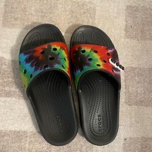 CROCS Kids Tie-Dye Slide Sandals - Black and Rainbow